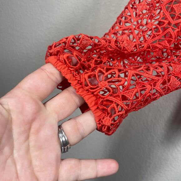 Maeve Small Lace Crochet Sleeve Top Red Cotton Blend Rib Scoop Neck - Picture 6 of 11